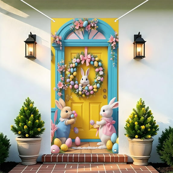 HongHeng Happy Easter Door Cover Bunny Banner Large Fabric Colorful Spring Welcome Decoration for Easter Party Photo Booth Background Favor Supplies, 35 x 71 Inches