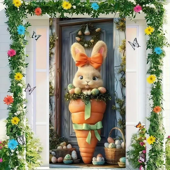 HongHeng Happy Easter Door Cover Bunny Banner Large Fabric Colorful Spring Welcome Decoration for Easter Party Photo Booth Background Favor Supplies, 35 x 70 Inches