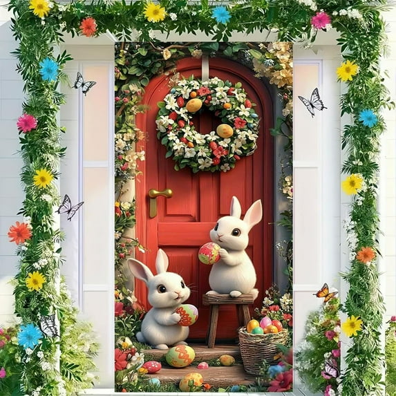 HongHeng Happy Easter Door Cover Bunny Banner Large Fabric Colorful Spring Welcome Decoration for Easter Party Photo Booth Background Favor Supplies, 35 x 70 Inches