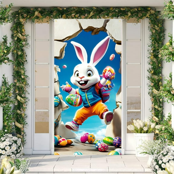 HongHeng Happy Easter Door Cover Decoration Easter Eggs Bunny Door Banner Happy Easter Day Party Background Accessory Spring Backdrop for Photography Home Decors Supplies