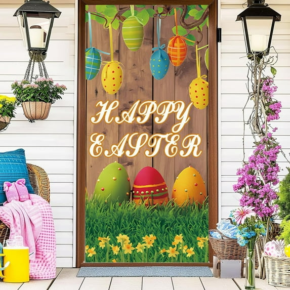 HongHeng Happy Easter Door Cover Decoration Easter Eggs Bunny theme Banner Welcome Spring Outdoor Indoor Backdrop for Party Decorations Supplies
