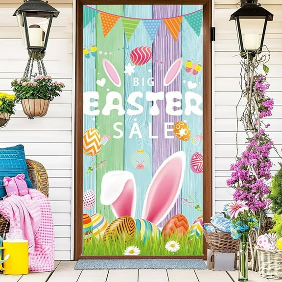 HongHeng Large Happy Easter Door Cover Easter Door Banner Porch Sign Happy Easter Banner Backdrop Easter Bunny Banner Outdoor Indoor Easter Decorations