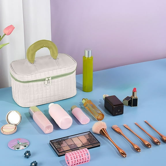 HongHeng Large Makeup Bag Quilted Travel Makeup Toiletry Bags Set Organizer Cotton Cute Make Up Accessories Zipper Bags Pouch Travel Essentials Gifts for Women Teen Girls