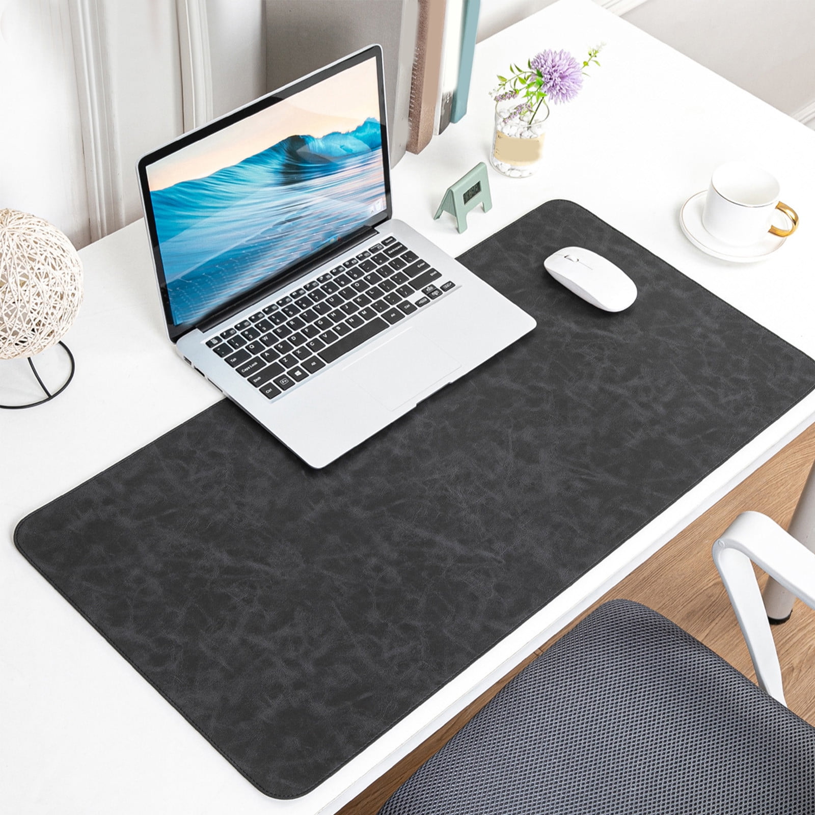 ELIZO Real Leather Desk Pad 31x15.6 Inches – 3mm Thick, Large Computer Mat For Keyboard & Mouse, Black, Includes Coaster & Valet Tray