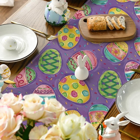 HongHeng Linen Happy Easter Table Runner Spring Easter Egg Decoration Farmhouse Home Dining Room Kitchen Table Decor (12" x 35")