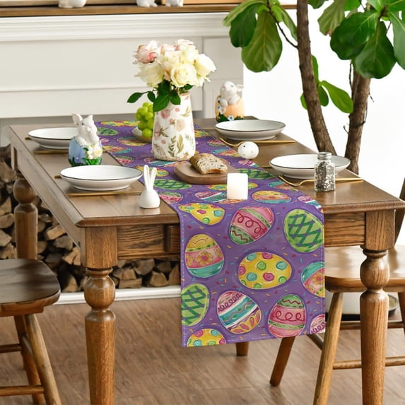 HongHeng Linen Happy Easter Table Runner Spring Easter Egg Decoration Farmhouse Home Dining Room Kitchen Table Decor (12" x 70")