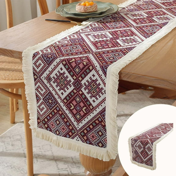HongHeng Macrame Style Table Runner with Short Tassels, 13x47 Inch Farmhouse Table Runners, Boho Woven Home Decor