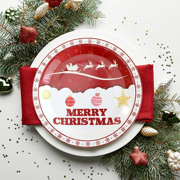 HongHeng Merry Christmas Plates,10pcs - 9inch Red Christmas Holiday Paper Plates Party Supplies Disposable Dinnerware for Christmas Holiday Celebration