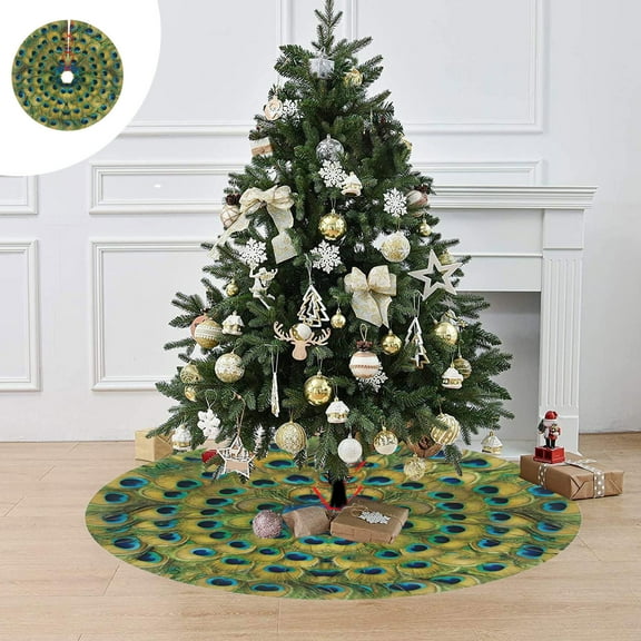 HongHeng Peacock Feathers Circle Christmas Tree Skirt 35 in for Christmas Decorations Skirt Rustic Xmas Holiday New Year Party Tree Mat Decor Indoor Outdoor Christmas Tree Mats