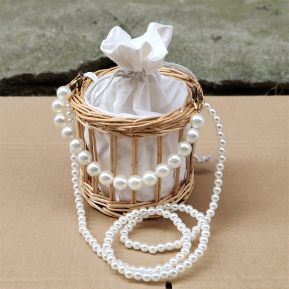 HongHeng Pearl Basket Purse, Handwoven Rattan Beach Bag for Women, Wicker Handbag, Vintage Summer Straw Tote Bag