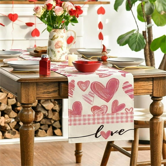 HongHeng Pink Buffalo Plaid Love Hearts Valentine's Day Table Runner, Anniversary Kitchen Dining Table Decoration for Home Party Decor
