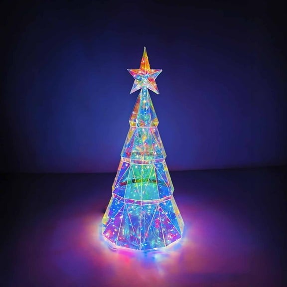 HongHeng Prismatic Iridescent Christmas Tree, Desktop Christmas Tree with LED Lights, Colorful Glow Lights Prismatic Christmas Decorations Indoor, for Kids Girls Families
