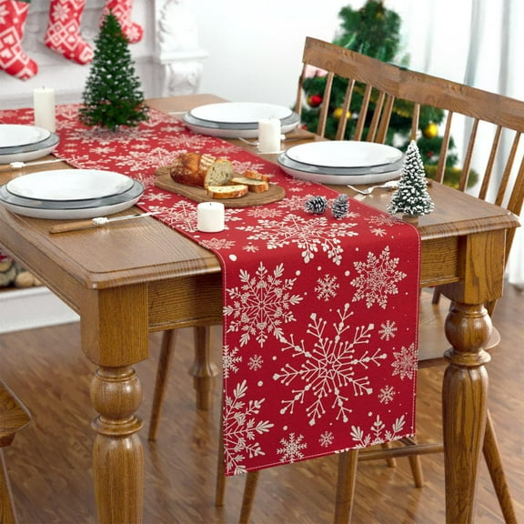 HongHeng Red Snowflakes Christmas Table Runner, Winter Holiday Kitchen Dining Table Decoration for Home Party Decor 13x72 Inch
