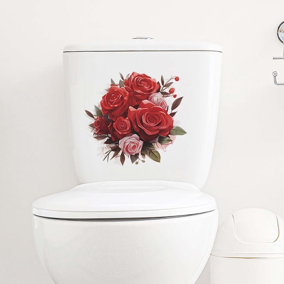 HongHeng Rose Toilet Cover Sticker Decals,Flower leaf Waterproof Toilet Lid Tank Seat Decals Cistern Self-Adhesive Bathroom Wall Sticker Valentine's Day Decoration