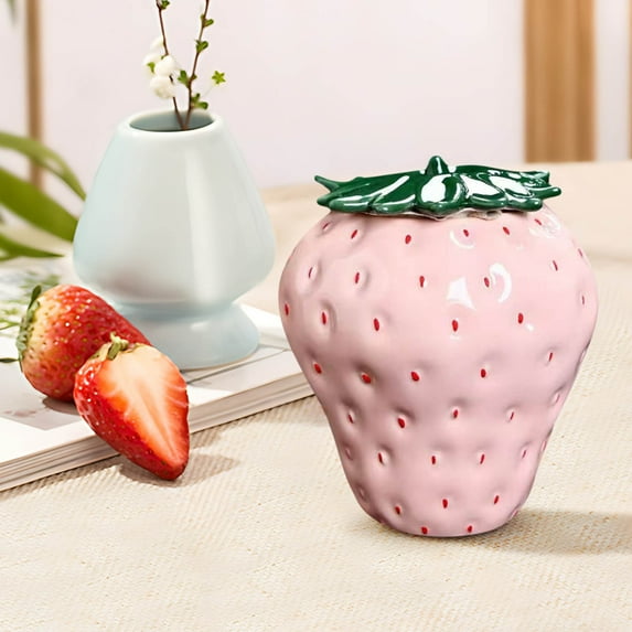 HongHeng Strawberry Ceramic Cookie Jar, Strawberry Shaped Food Storage Container Biscuit Treat Jar Tea Storage Canister Christmas Farmhouse Baskets Kitchen Organizer
