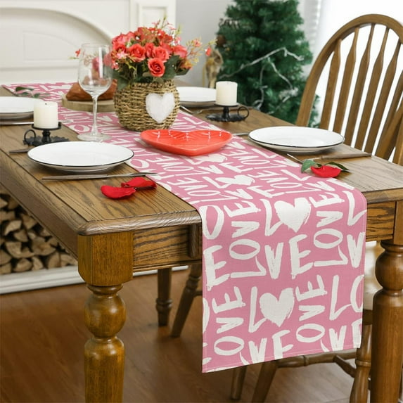 HongHeng Valentine's Day Love White Table Runner, Love Hearts Scarf Kitchen Dining Table Decor, Wedding Anniversary Holiday Burlap Home Decoration Indoor Outdoor Party Supply