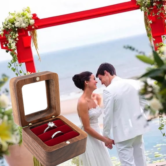 HongHeng Wooden Ring Box for Wedding Ceremony 2 Slots,Square Solid Wood Double Ring Holder Case Box,Vintage Ring Bearer Box for Engagement Proposal,Valentine's Day Gift Box