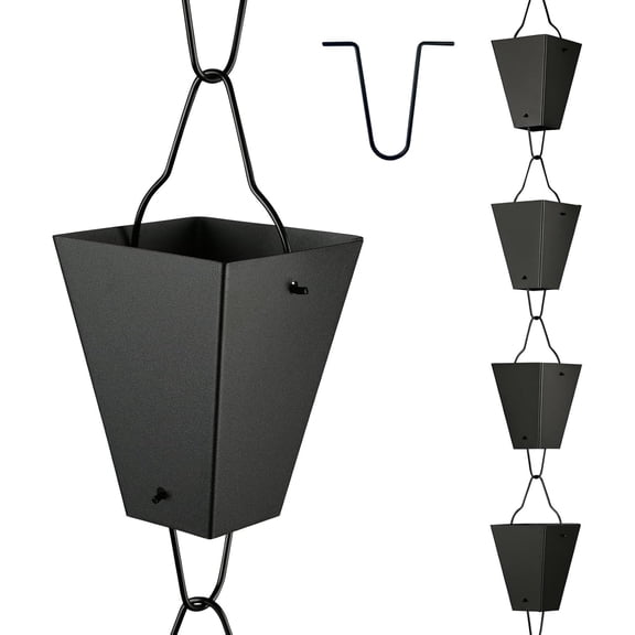 HongMei Square Link Rain Chain, 8.5 Feet Length, 3.7inch Big Size Cup, Black Powder Coated, Functional and Decorative Replacement for Gutter Downspouts, V Gutter Clip Included, Black