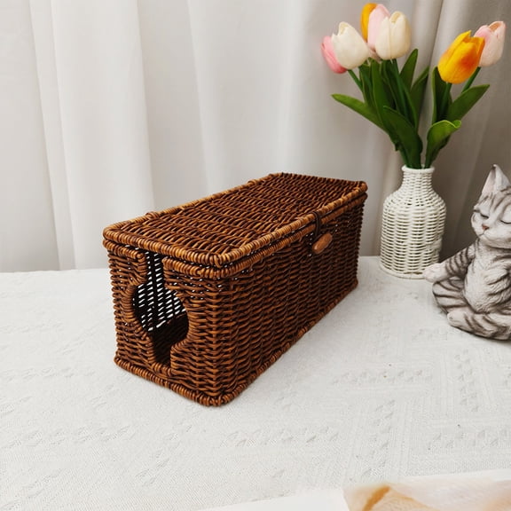 HongMinWen Cable Management Box Imitation Rattan Cord Organizer Desk Storage Drawer Rectangle, 35cmx15.5cmx15.5cm