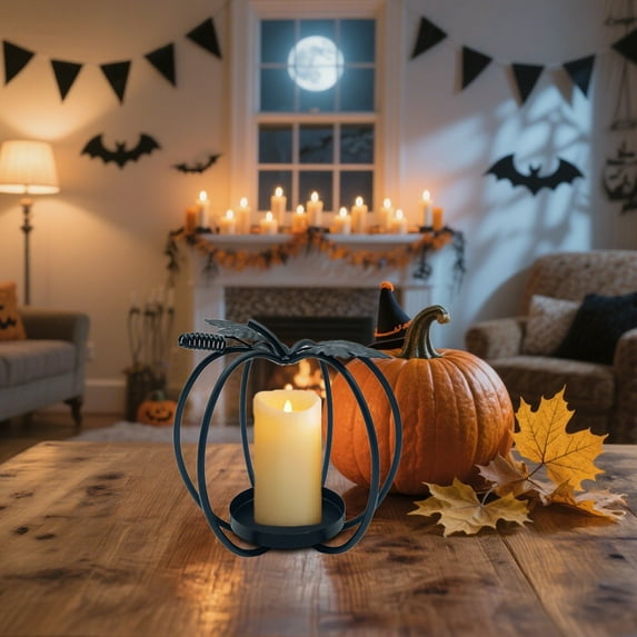 HongMinWen Hollow Pumpkin Tealight Candle Holder, Halloween Metal Candlestick for Home and Restaurant Decors
