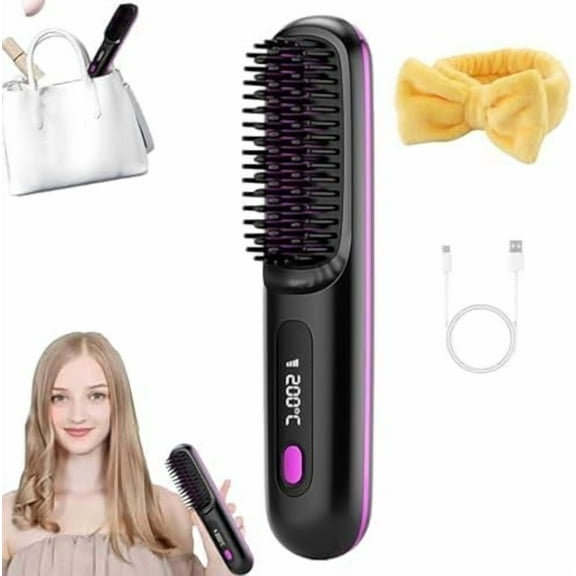 HongMinWen Portable Straightener Brush, LED Display Hair and Curler 2 in 1 Rechargeable Cordless Straightening Irons Comb for Women Short Long Hair