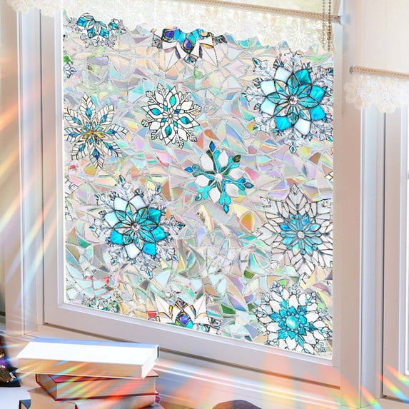 HongMingWen Christmas Window Privacy Film,Snowflake Stained Glass Privacy Film, Electrostatic Adsorption and Reusable, Colorful Ornaments for Winter and Christmas Party