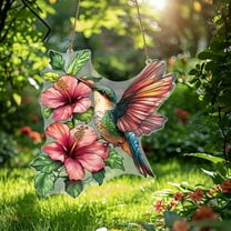 HongMingWen Stained Glass Hummingbird ornament, Hanging Yard Décor with Flowers, Home Decor, Garden, Patio Bird Window Art Gift for Nature and Bird Lovers