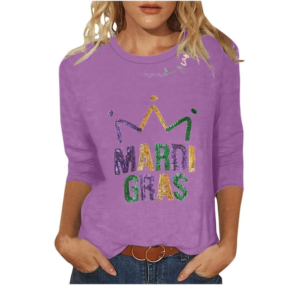 HongQid 2026 Womens 3/4 Sleeve Tops Mardi Gras and Fashion Round Neck Graphic Summer Tshirt Blouse