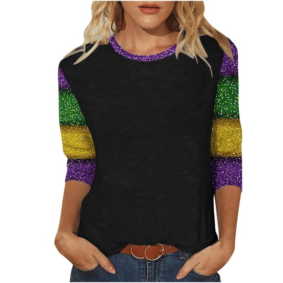 HongQid 2026 Womens 3/4 Sleeve Tops Mardi Gras and Fashion Round Neck Graphic Summer Tshirt Blouse
