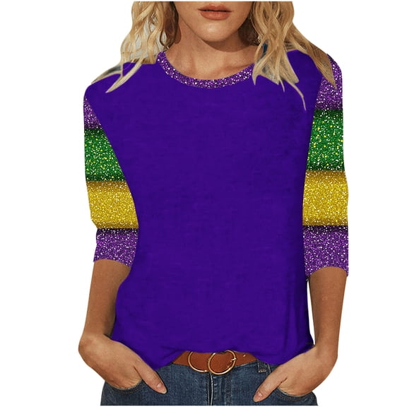 HongQid 2026 Womens 3/4 Sleeve Tops Mardi Gras and Fashion Round Neck Graphic Summer Tshirt Blouse
