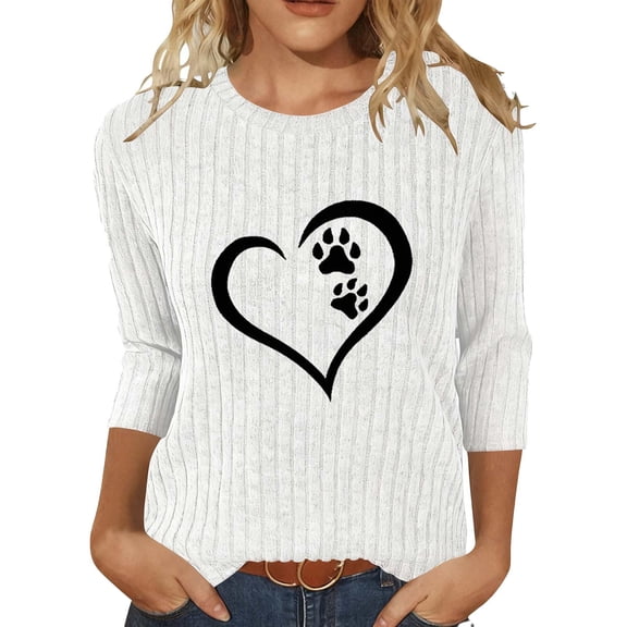 HongQid 3/4 Length Sleeve Knit Women Sweaters Women's Love Heart Graphic Tops Round Neck Sweatshirt Loose Casual Blouses