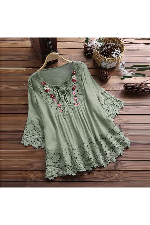 3/4 Length Sleeve Womens Boho Tops Cotton Linen Embroidered Shirts Plus Size Flowy Lace Tunic Peasant Blouses