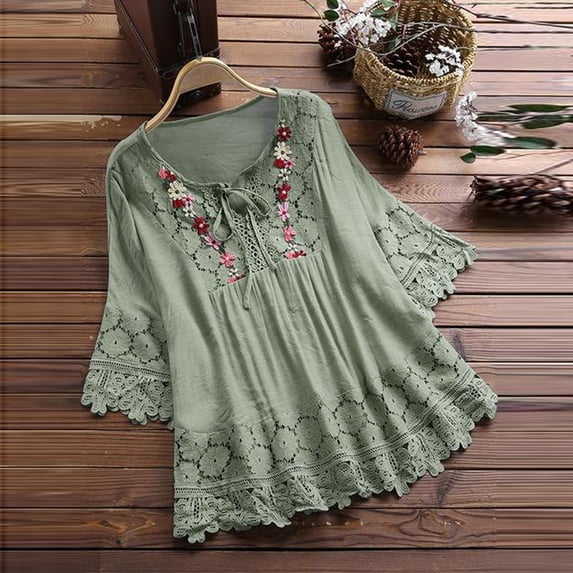 HongQid 3/4 Length Sleeve Womens Boho Tops Cotton Linen Embroidered Shirts Plus Size Flowy Lace Tunic Peasant Blouses