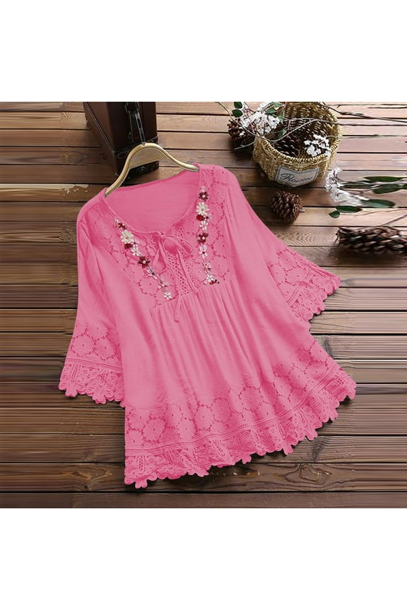 3/4 Length Sleeve Womens Boho Tops Cotton Linen Embroidered Shirts Plus Size Flowy Lace Tunic Peasant Blouses
