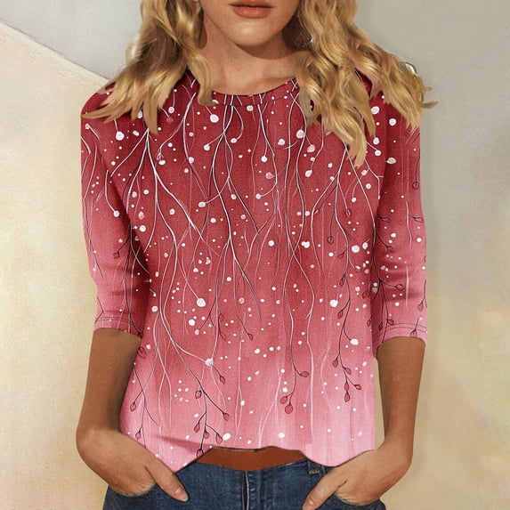 HongQid 3/4 Length Sleeve Womens Glitter Tops Round Neck Trendy Casual Blouses Loose Fit T-Shirt Shirts