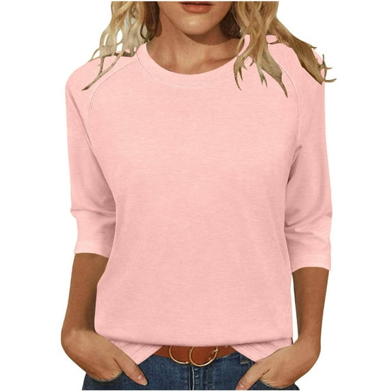 HongQid 3/4 Length Sleeve Womens Tops Casual Loose Fit Crewneck T Shirts Cute Solid Three Quarter Length Tunic Tops