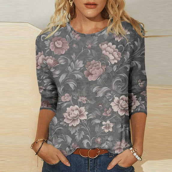 HongQid 3/4 Length Sleeve Womens Tops Floral Crewneck Shirts Casual Tunic Blouses Summer Basic Tees