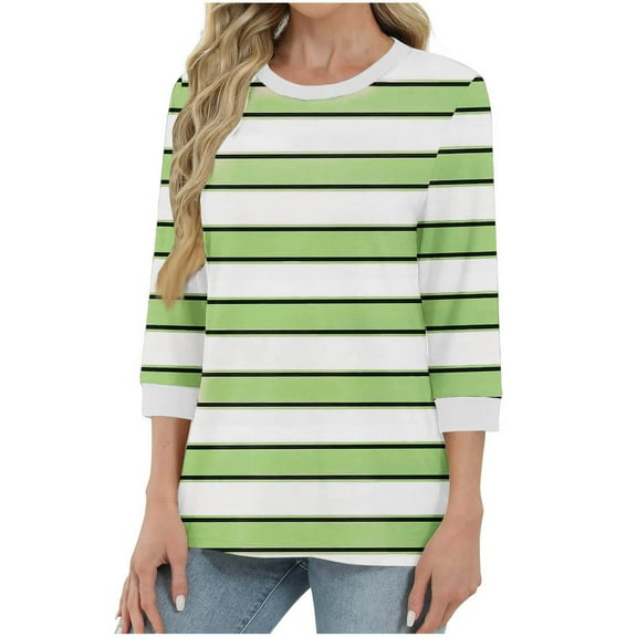 HongQid 3/4 Length Sleeve Womens Tops Round Neck Casual Tunic Tops Basic Fall Shirts Loose Fit Striped