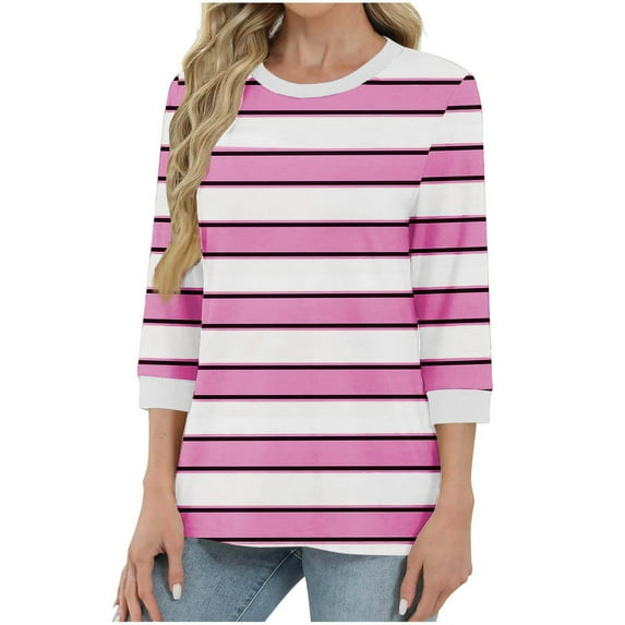 HongQid 3/4 Length Sleeve Womens Tops Round Neck Casual Tunic Tops Basic Fall Shirts Loose Fit Striped