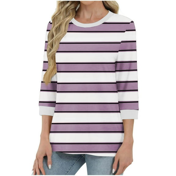 HongQid 3/4 Length Sleeve Womens Tops Round Neck Casual Tunic Tops Basic Fall Shirts Loose Fit Striped