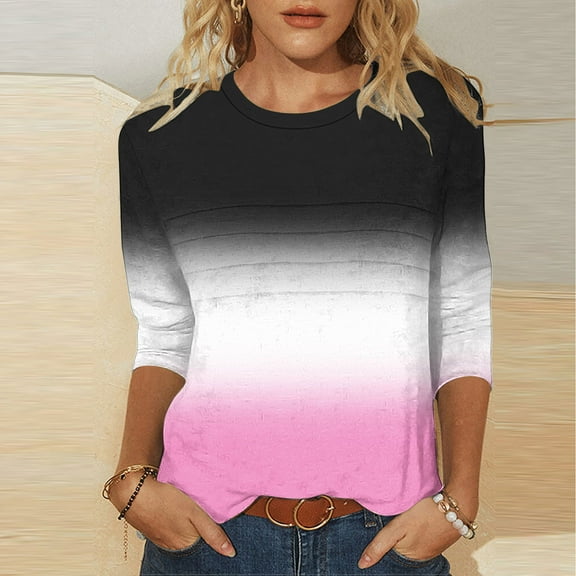 HongQid 3/4 Length Sleeve Womens Tops Round Neck Trendy Casual Blouses Loose Fit Colorful T-Shirt Shirts