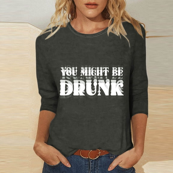 HongQid 3/4 Length Sleeve Womens Tops, Spring Summer Tops Crew Neck Letter Print Workout Shirts for Women Loose Fit