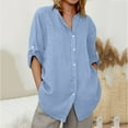thumbnail image 1 of HongQid 3/4 Length Sleeve Womens Tops V Neck Denim Button Down Shirts Dressy Casual Collarless Summer Blouses, 1 of 6