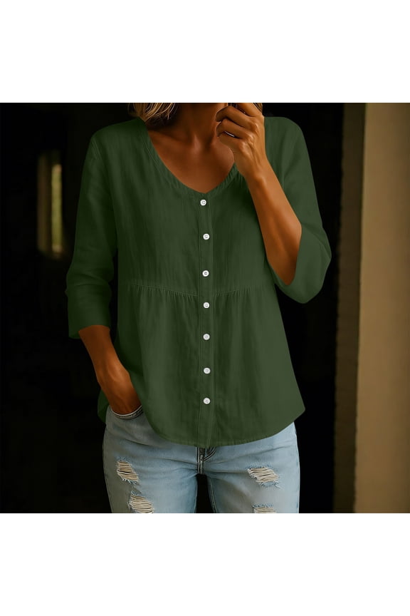 3/4 Sleeve Button Front V-Neck Loose Fit Soft Linen Blend Tunic Blouse for Women Summer Fall Tops
