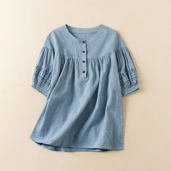HongQid 3/4 Sleeve Cotton Linen Shirts for Women Summer Retro Embroidered Boho Tops Dressy Casual Trendy Vacation Blouse