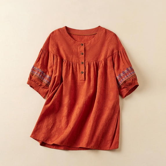 HongQid 3/4 Sleeve Cotton Linen Shirts for Women Summer Retro Embroidered Boho Tops Dressy Casual Trendy Vacation Blouse