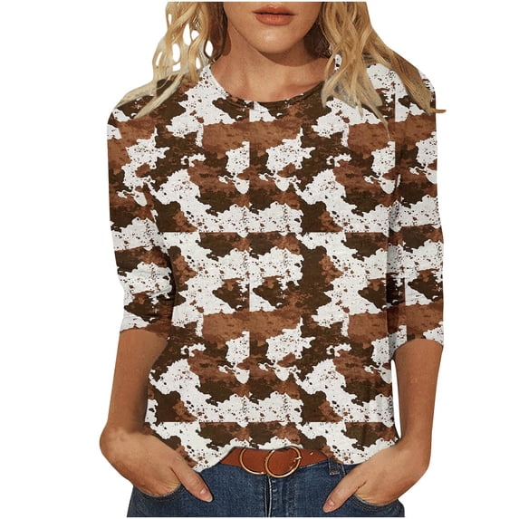 HongQid 3/4 Sleeve Print Top for Women Crew Neck Graphic Pullover Casual Layering Outfits Spring Fall Fashion Lightweight Trendy Printed Tunic