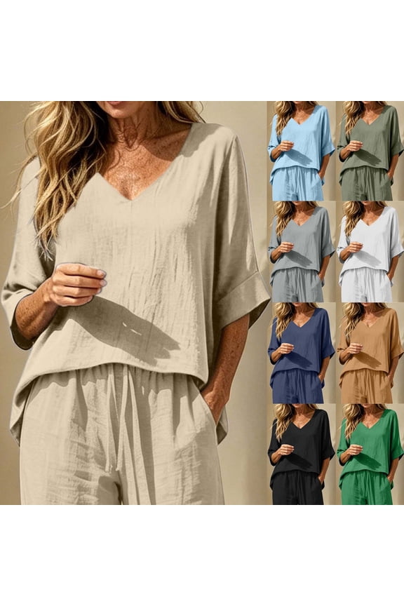 3/4 Sleeve Shirt for Women Linen Blend V Neck Tunic Top Dolman Short Sleeve Oversized Loose Fit Casual Blouse