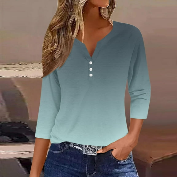 HongQid 3/4 Sleeve Shirts for Women Button V neck Business Casual Tops Loose Three Quarter Length Work Blouses