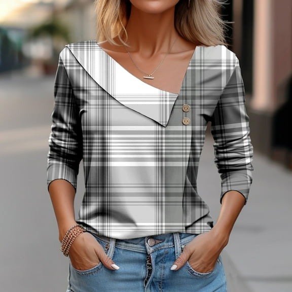 HongQid 3/4 Sleeve Shirts for Women Spring Geometry Graphic Square Collar with Button Business Casual Tops Loose Three Quarter Length Work Blouses